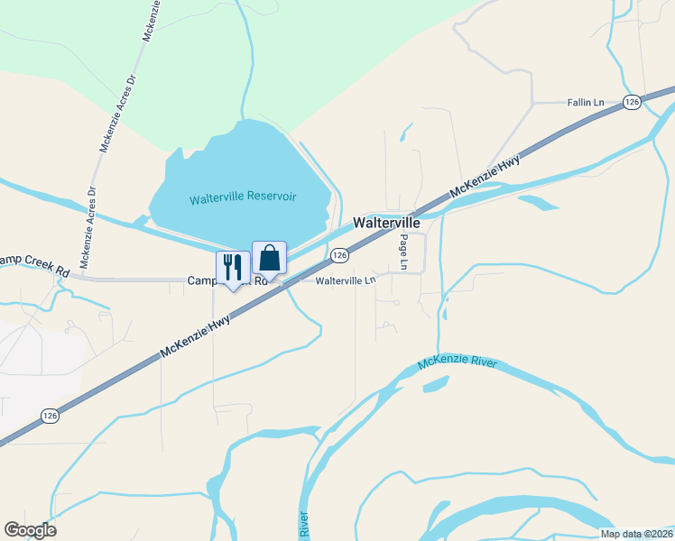 map of restaurants, bars, coffee shops, grocery stores, and more near 39441 Walterville Lane in Springfield