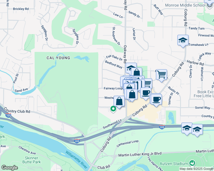 map of restaurants, bars, coffee shops, grocery stores, and more near 2079 Fairway Loop in Eugene