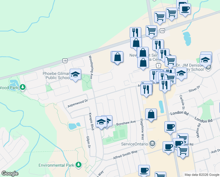 map of restaurants, bars, coffee shops, grocery stores, and more near 168 Wainscot Avenue in Newmarket