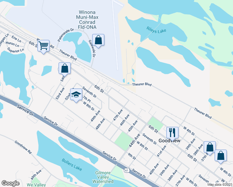 map of restaurants, bars, coffee shops, grocery stores, and more near 4755 5th Street in Goodview