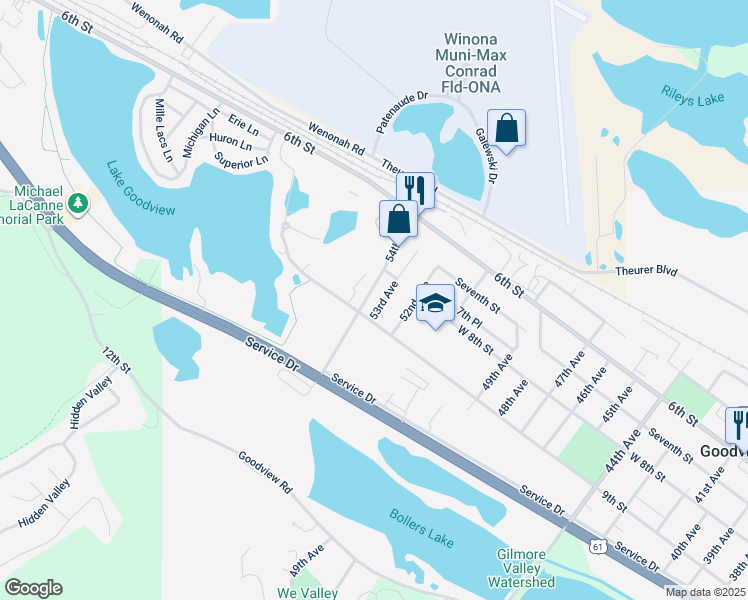 map of restaurants, bars, coffee shops, grocery stores, and more near 872 54th Avenue in Goodview
