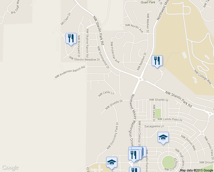 map of restaurants, bars, coffee shops, grocery stores, and more near 2031 Northwest Shevlin Crest Drive in Bend
