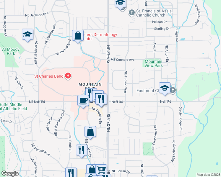 map of restaurants, bars, coffee shops, grocery stores, and more near 1771 Northeast Wichita Way in Bend