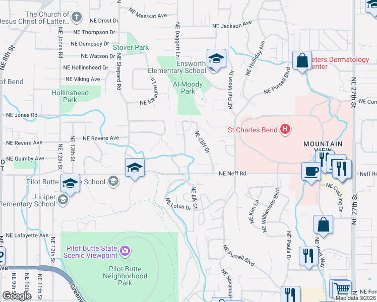 map of restaurants, bars, coffee shops, grocery stores, and more near 1746 Northeast Janice Way in Bend