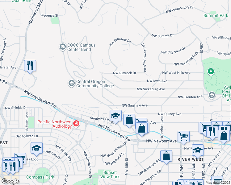 map of restaurants, bars, coffee shops, grocery stores, and more near 2024 Northwest Trenton Avenue in Bend