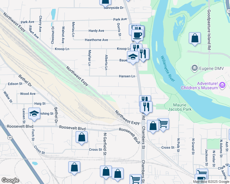 map of restaurants, bars, coffee shops, grocery stores, and more near 185 Briarcliff Drive in Eugene