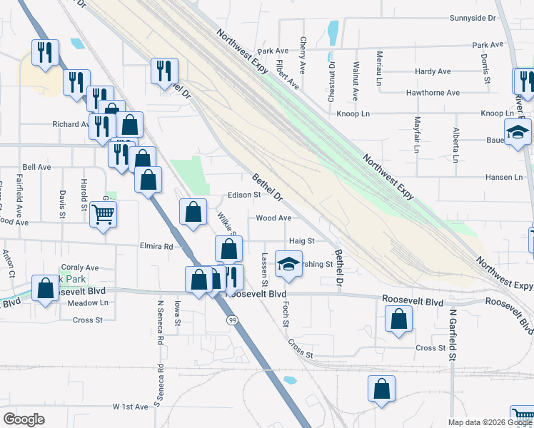 map of restaurants, bars, coffee shops, grocery stores, and more near 2537 Wood Avenue in Eugene