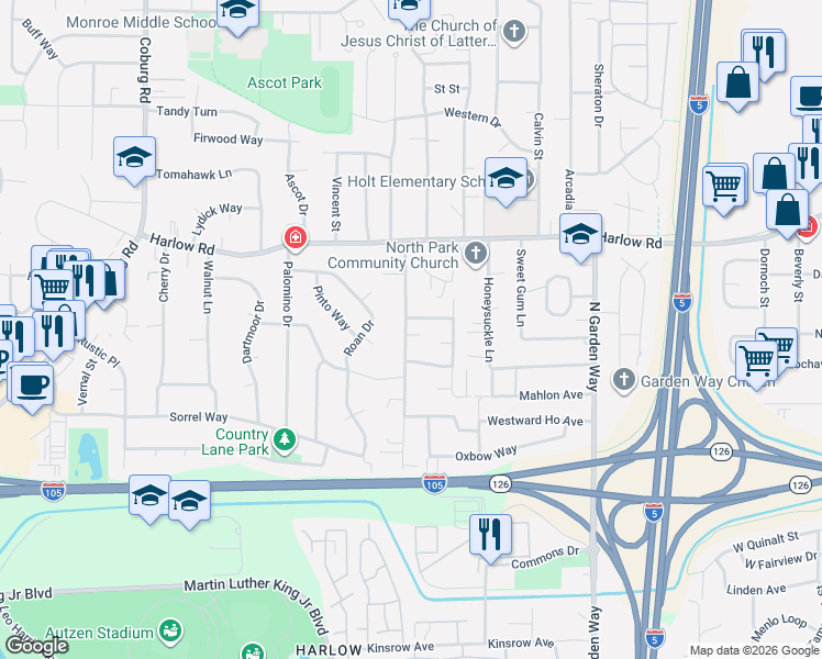 map of restaurants, bars, coffee shops, grocery stores, and more near 393 Sunshine Acres Drive in Eugene
