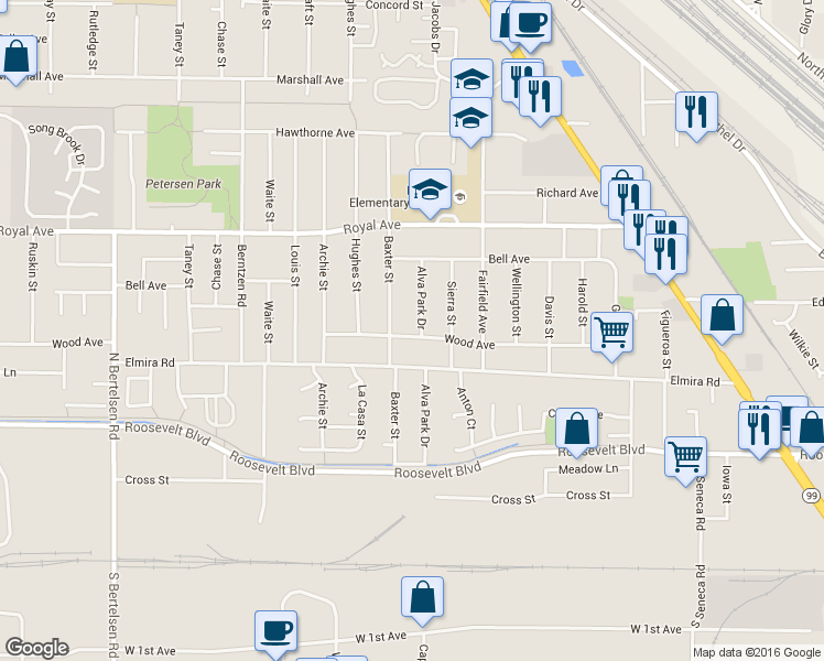 map of restaurants, bars, coffee shops, grocery stores, and more near 3485 Wood Avenue in Eugene