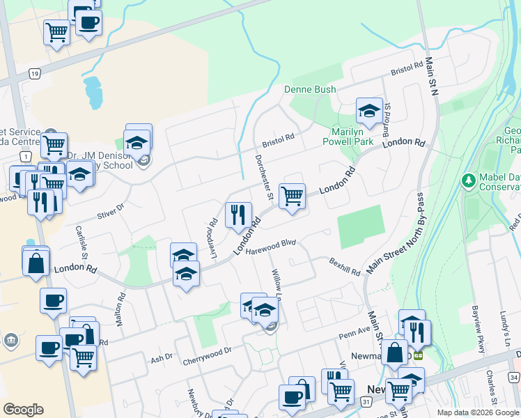 map of restaurants, bars, coffee shops, grocery stores, and more near 287 London Road in Newmarket