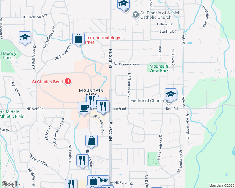 map of restaurants, bars, coffee shops, grocery stores, and more near 1747 Northeast Wichita Way in Bend