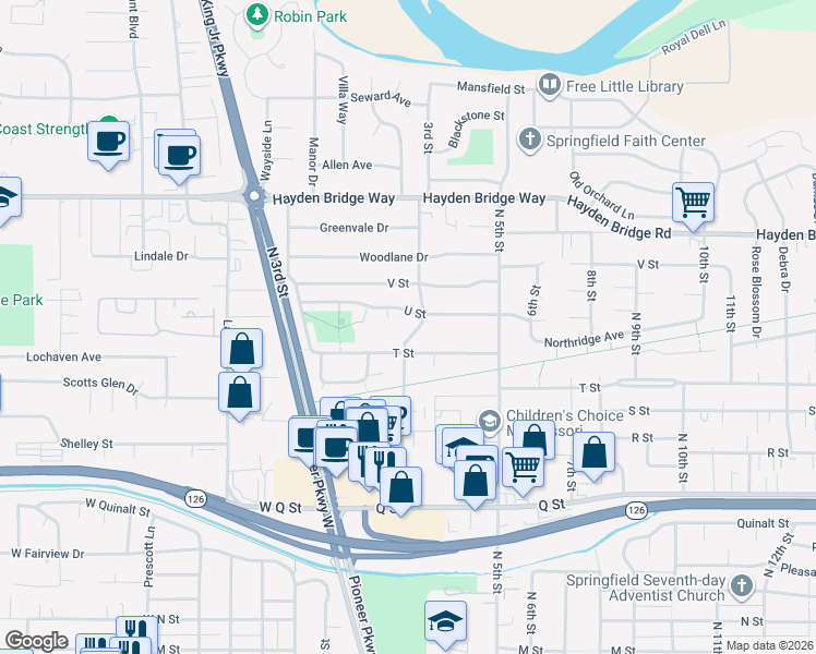 map of restaurants, bars, coffee shops, grocery stores, and more near 2133 2nd Street in Springfield