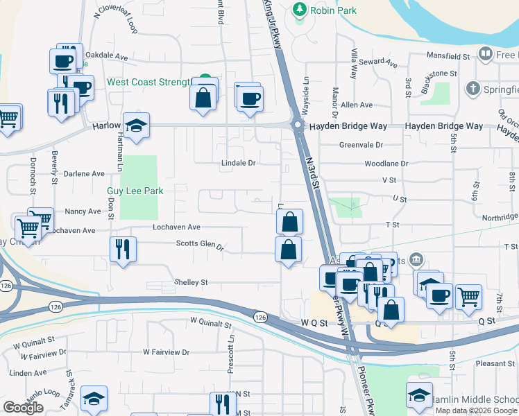 map of restaurants, bars, coffee shops, grocery stores, and more near 2152 Laura Street in Springfield