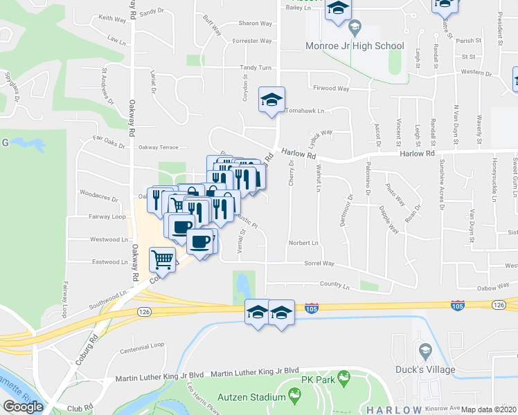 map of restaurants, bars, coffee shops, grocery stores, and more near 347 Rustic Place in Eugene