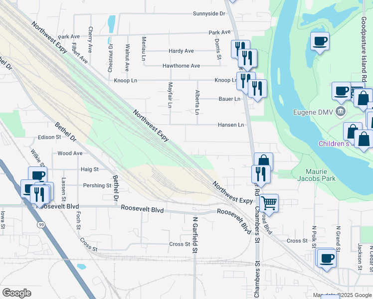 map of restaurants, bars, coffee shops, grocery stores, and more near 197 Briarcliff Drive in Eugene
