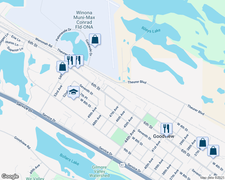 map of restaurants, bars, coffee shops, grocery stores, and more near 4755 5th Street in Goodview