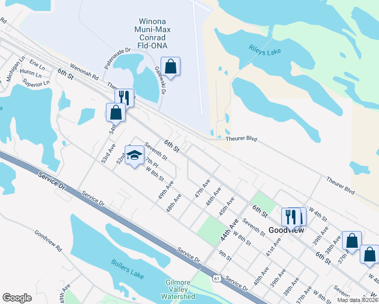 map of restaurants, bars, coffee shops, grocery stores, and more near 4864 West 6th Street in Winona