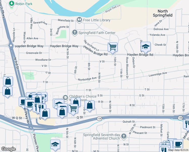 map of restaurants, bars, coffee shops, grocery stores, and more near 830 Northridge Avenue in Springfield