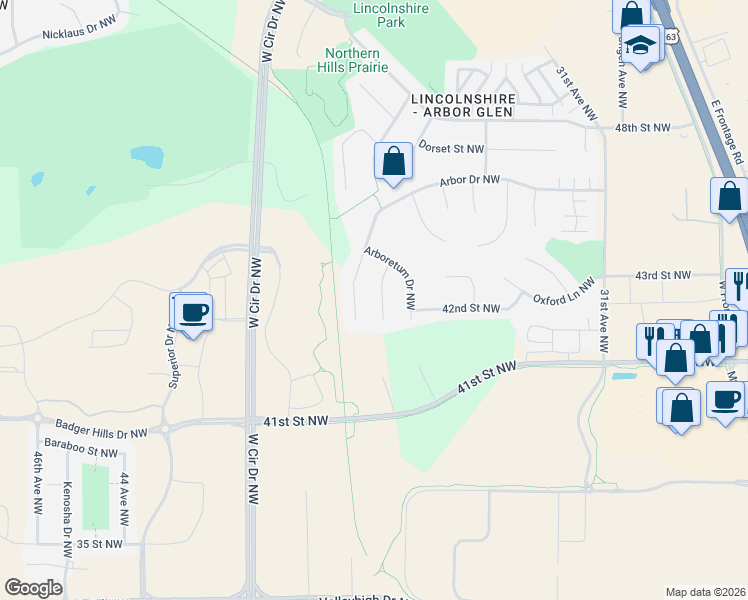 map of restaurants, bars, coffee shops, grocery stores, and more near 4221 York Lane Northwest in Rochester