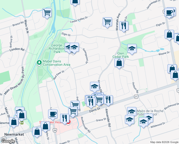 map of restaurants, bars, coffee shops, grocery stores, and more near 734 Pam Crescent in Newmarket