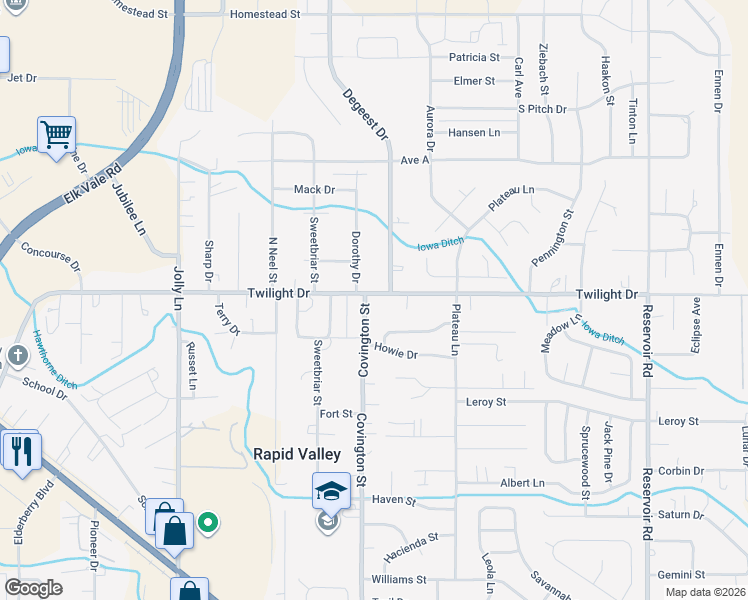 map of restaurants, bars, coffee shops, grocery stores, and more near 4555 Twilight Drive in Rapid City