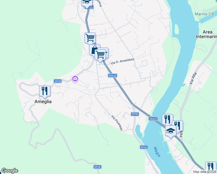 map of restaurants, bars, coffee shops, grocery stores, and more near 11 Via Giacomo Leopardi in Ameglia