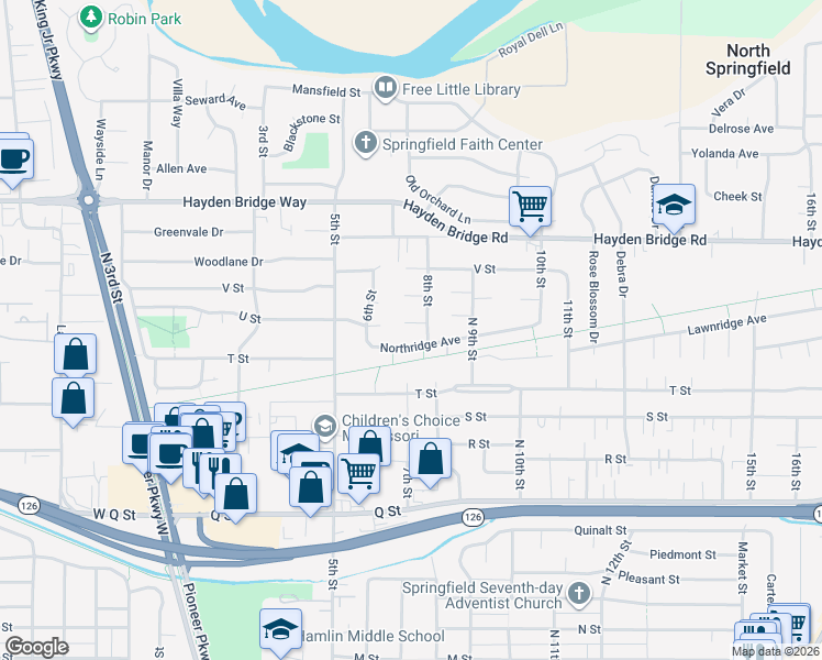 map of restaurants, bars, coffee shops, grocery stores, and more near 748 Northridge Avenue in Springfield