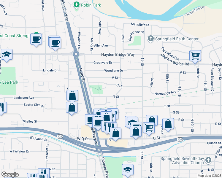 map of restaurants, bars, coffee shops, grocery stores, and more near 135 U Street in Springfield