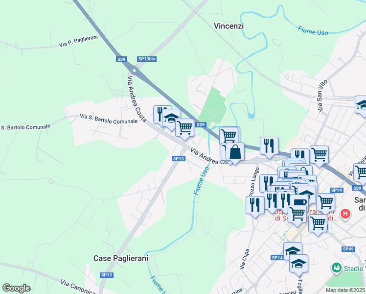 map of restaurants, bars, coffee shops, grocery stores, and more near 14 Strada Provinciale 13 in Santarcangelo di Romagna