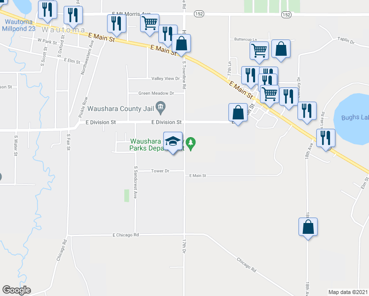 map of restaurants, bars, coffee shops, grocery stores, and more near South Townline Road in Wautoma