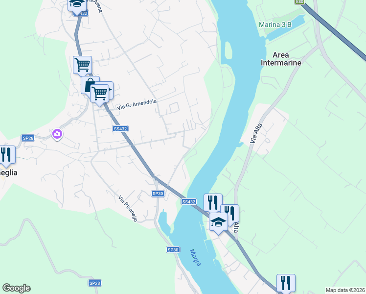 map of restaurants, bars, coffee shops, grocery stores, and more near 46 Via Alessandro Manzoni in Ameglia