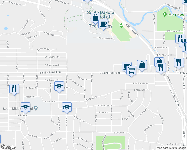 map of restaurants, bars, coffee shops, grocery stores, and more near 1917 Ivy Avenue in Rapid City