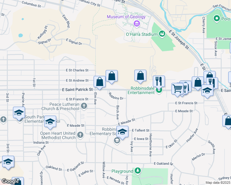 map of restaurants, bars, coffee shops, grocery stores, and more near 416 Robbins Drive in Rapid City