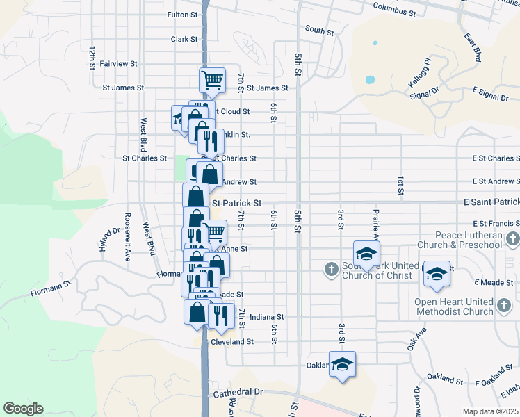 map of restaurants, bars, coffee shops, grocery stores, and more near 610 Saint Francis Street in Rapid City