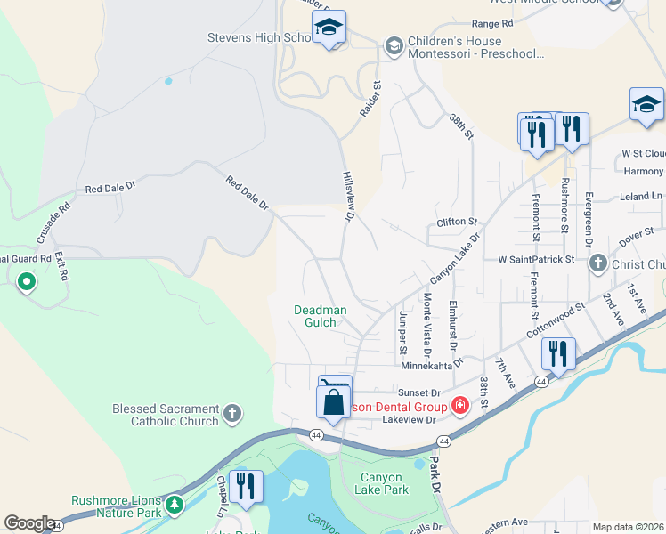 map of restaurants, bars, coffee shops, grocery stores, and more near 1914 Red Dale Drive in Rapid City