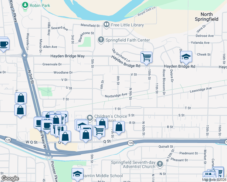 map of restaurants, bars, coffee shops, grocery stores, and more near 748 Northridge Avenue in Springfield