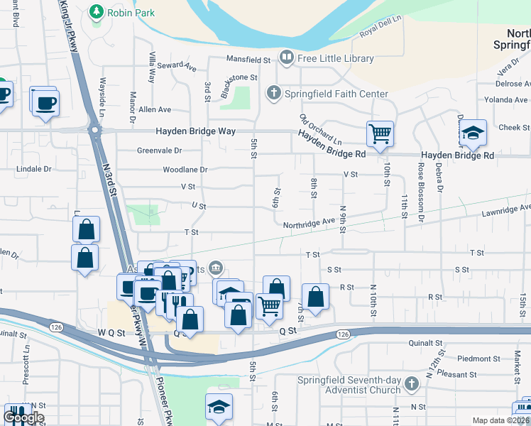 map of restaurants, bars, coffee shops, grocery stores, and more near 2125 6th Street in Springfield