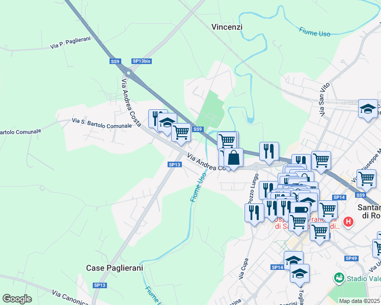 map of restaurants, bars, coffee shops, grocery stores, and more near 80 Via A. Costa in Santarcangelo di Romagna