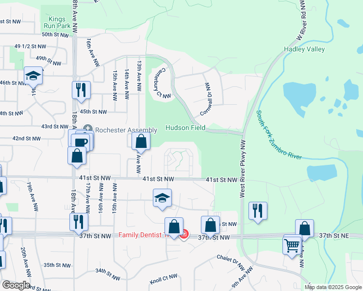 map of restaurants, bars, coffee shops, grocery stores, and more near 937 41st Street Northwest in Rochester