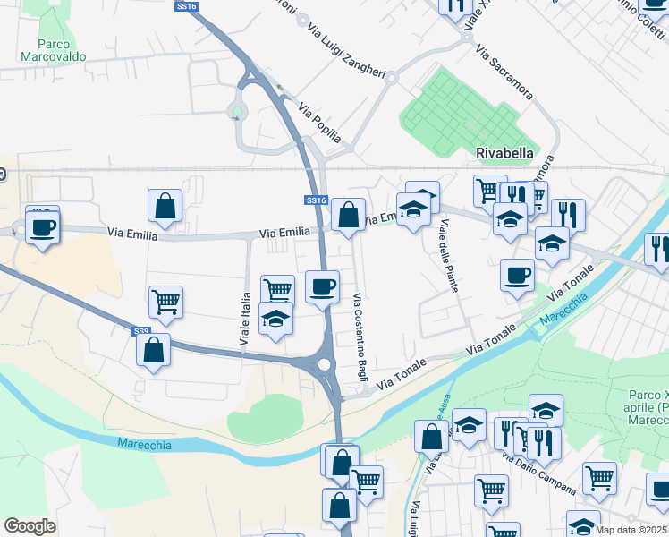 map of restaurants, bars, coffee shops, grocery stores, and more near 8-10 Strada Statale Adriatica in Rimini