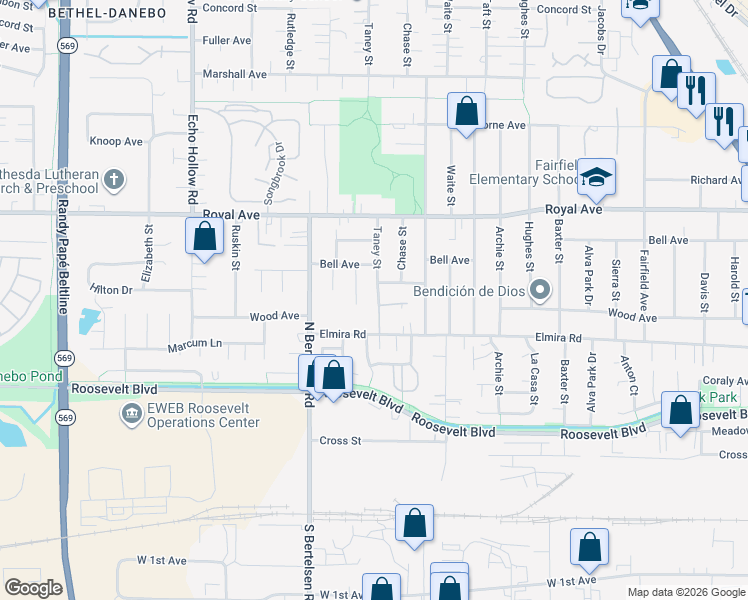 map of restaurants, bars, coffee shops, grocery stores, and more near 566 Taney Street in Eugene
