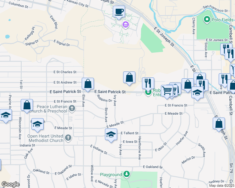 map of restaurants, bars, coffee shops, grocery stores, and more near 517 East Saint Patrick Street in Rapid City