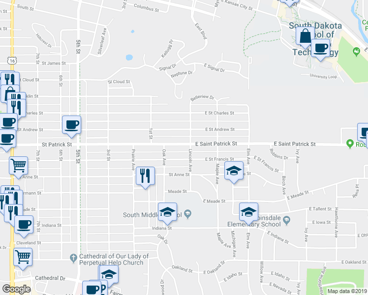 map of restaurants, bars, coffee shops, grocery stores, and more near 7 East Saint Patrick Street in Rapid City