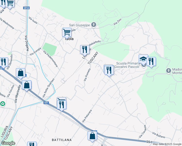 map of restaurants, bars, coffee shops, grocery stores, and more near 44 Via Fossone Basso in Carrara