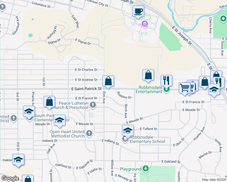 map of restaurants, bars, coffee shops, grocery stores, and more near 401 Robbins Drive in Rapid City