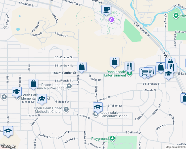 map of restaurants, bars, coffee shops, grocery stores, and more near 409 East Saint Patrick Street in Rapid City