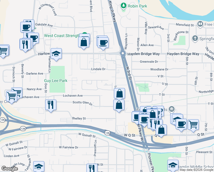 map of restaurants, bars, coffee shops, grocery stores, and more near 2152 Laura Street in Springfield