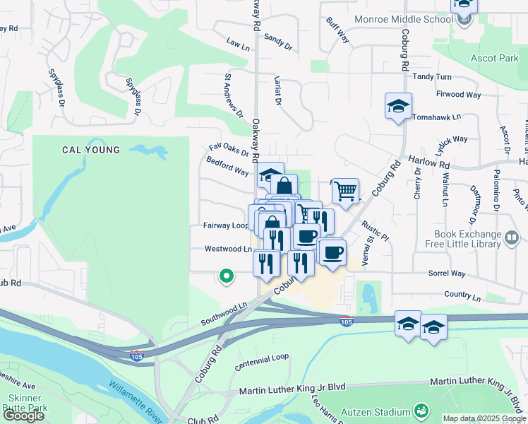 map of restaurants, bars, coffee shops, grocery stores, and more near 2188 Fairway Loop in Eugene