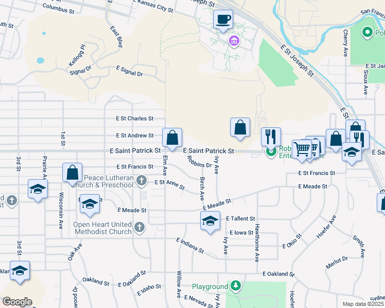 map of restaurants, bars, coffee shops, grocery stores, and more near 416 Robbins Drive in Rapid City