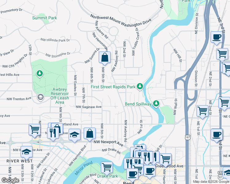 map of restaurants, bars, coffee shops, grocery stores, and more near 1973 Northwest Awbrey Road in Bend